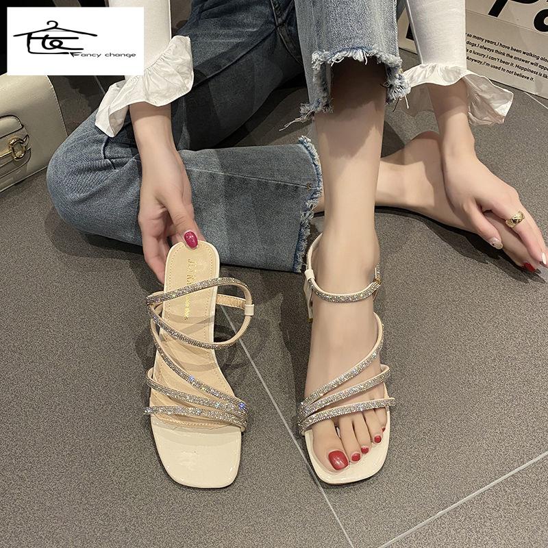 Giày Sandal Cao Gót Đế Dày Đính Đá Thời Trang Mùa Hè Cho Nữ