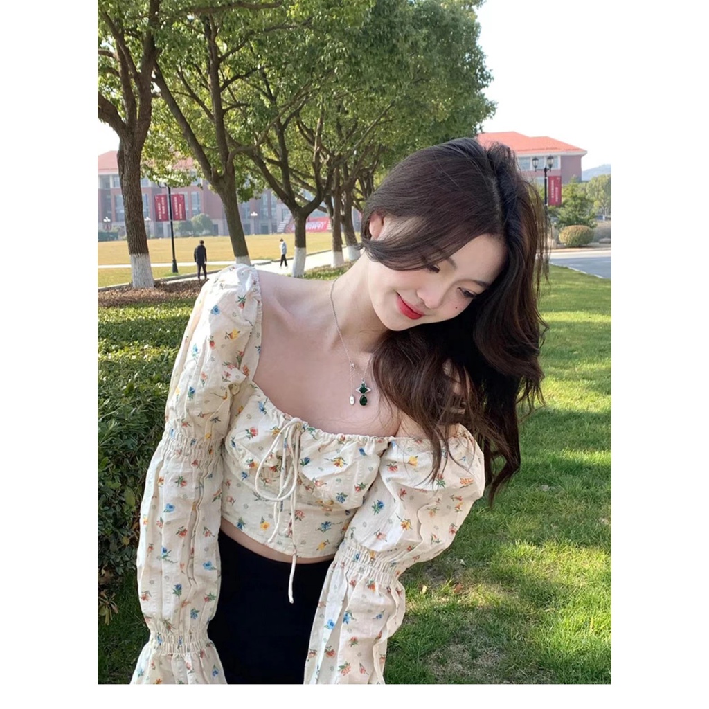 QKOOLE Áo kiểu cổ vuông họa tiết hoa phong cách Hàn Quốc xinh xắn dành cho nữ