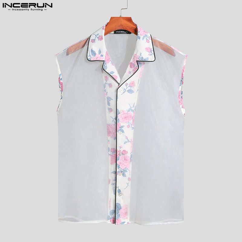 INCERUN Áo Sát Nách Trong Suốt In Hoa Thời Trang Mùa Hè Cho Nam