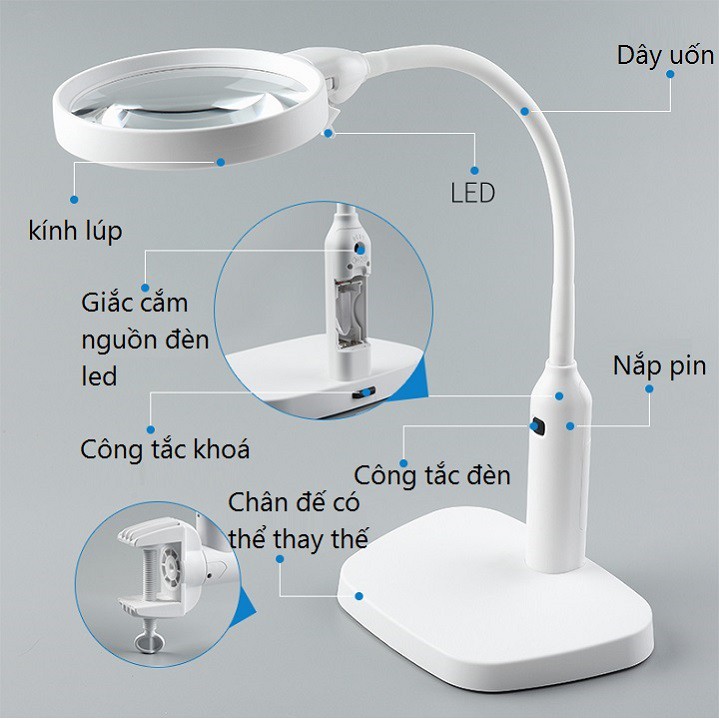 Kính lúp có đèn với 2 thấu kính to, nhỏ khác nhau vừa để bàn, vừa kẹp bàn K7763