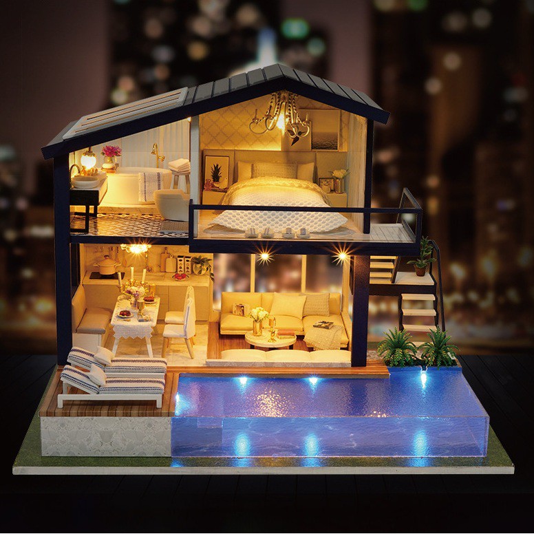 Mô hình nhà DIY Doll House Nhà gỗ Time Apartment Kèm Mica Chống bụi, Bộ dụng cụ, Keo dán và Bộ phát nhạc