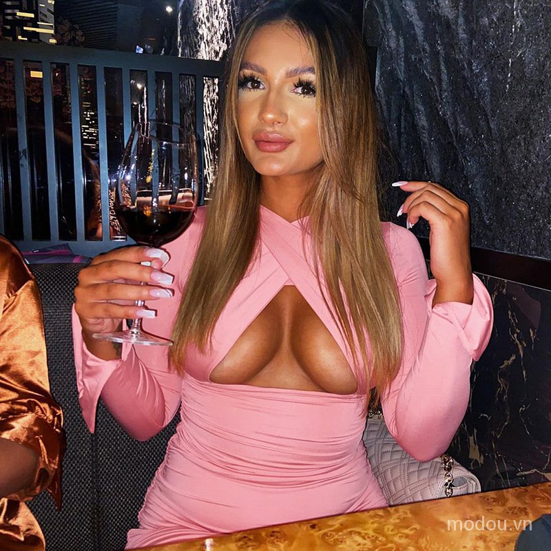 Đầm ôm body tay dài thiết kế cổ chữ V quyến rũ cho nữ