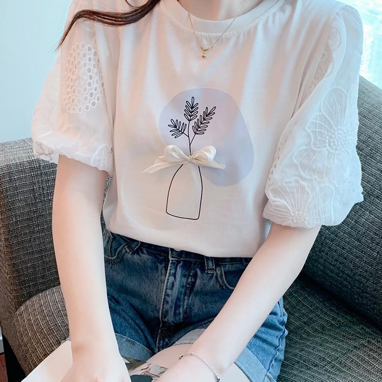 Áo Thun Cotton Mùa Hè Tay Ngắn Phối Ren Đính Nơ Phong Cách Phương Tây Kiểu Mới