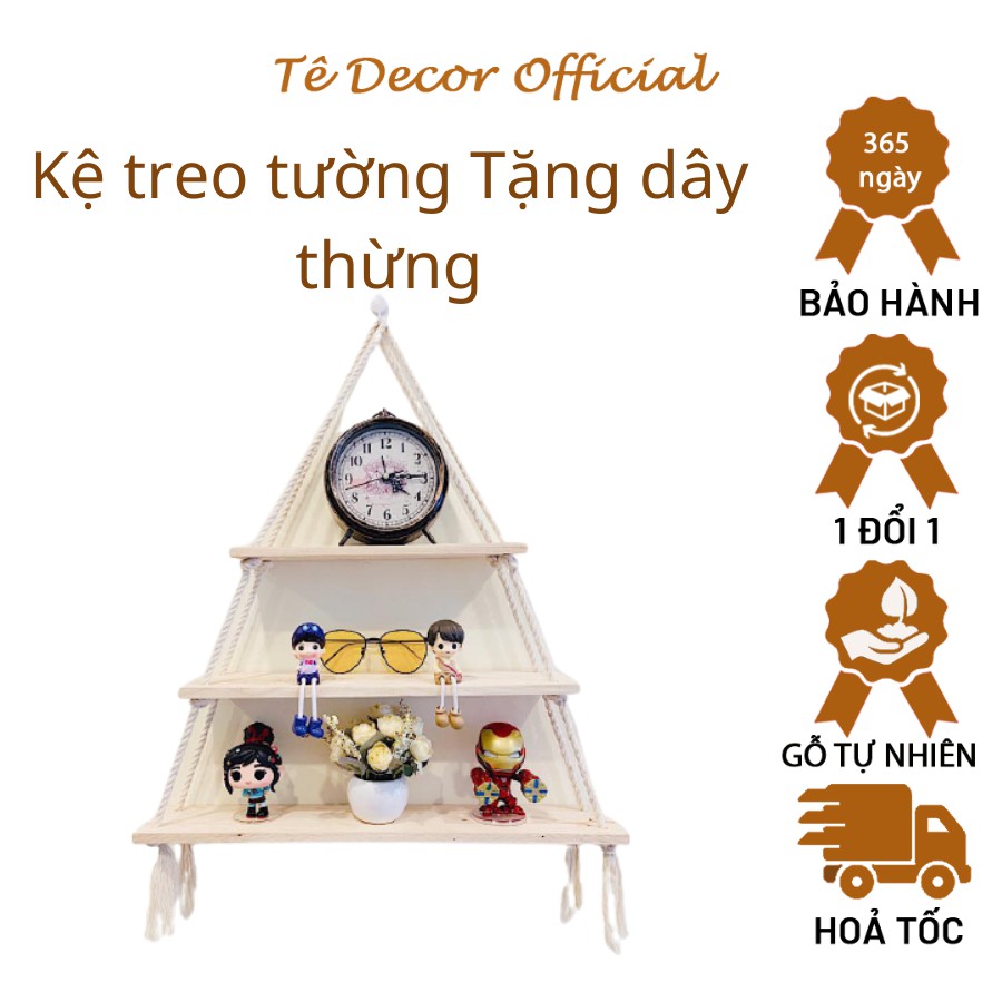 Kệ gỗ thông treo tường Tee Decor - Giá treo kèm dây thừng trang trí phong cách Hàn Quốc - Kt 20x10cm - Bh 1 năm