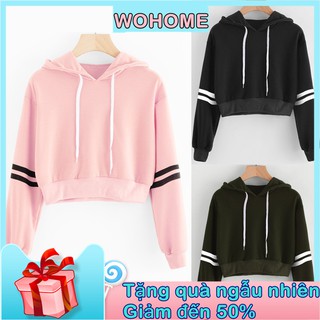 Áo hoodie lửng tay phối sọc thời trang nữ