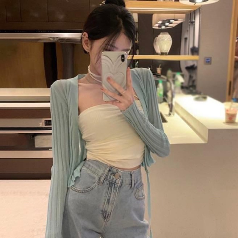 Áo khoác cardigan tay dài kiểu croptop nữ trơn len gân mỏng - Order taobao quảng châu