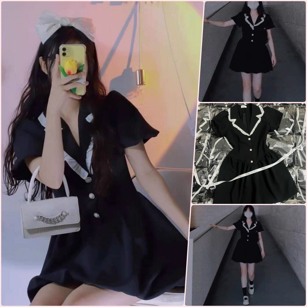Đầm cổ V phối nút