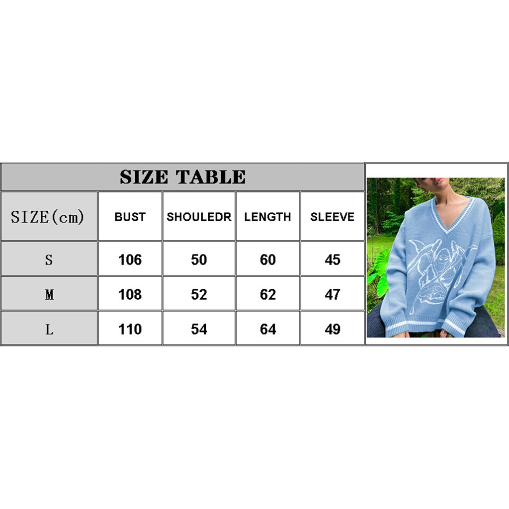 Áo Sweater Dệt Kim Tay Dài Cổ Chữ V Dáng Rộng In Họa Tiết Hoạt Hình Màu Xanh Dương Cho Nữ