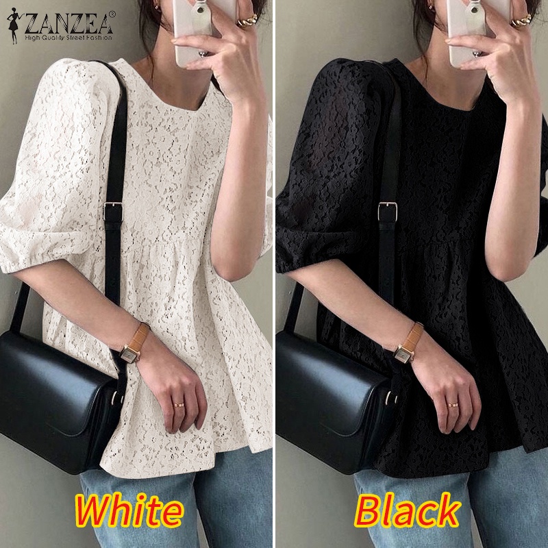 Áo nữ Zanzea tay phồng cổ chữ O phong cách Hàn Quốc thanh lịch