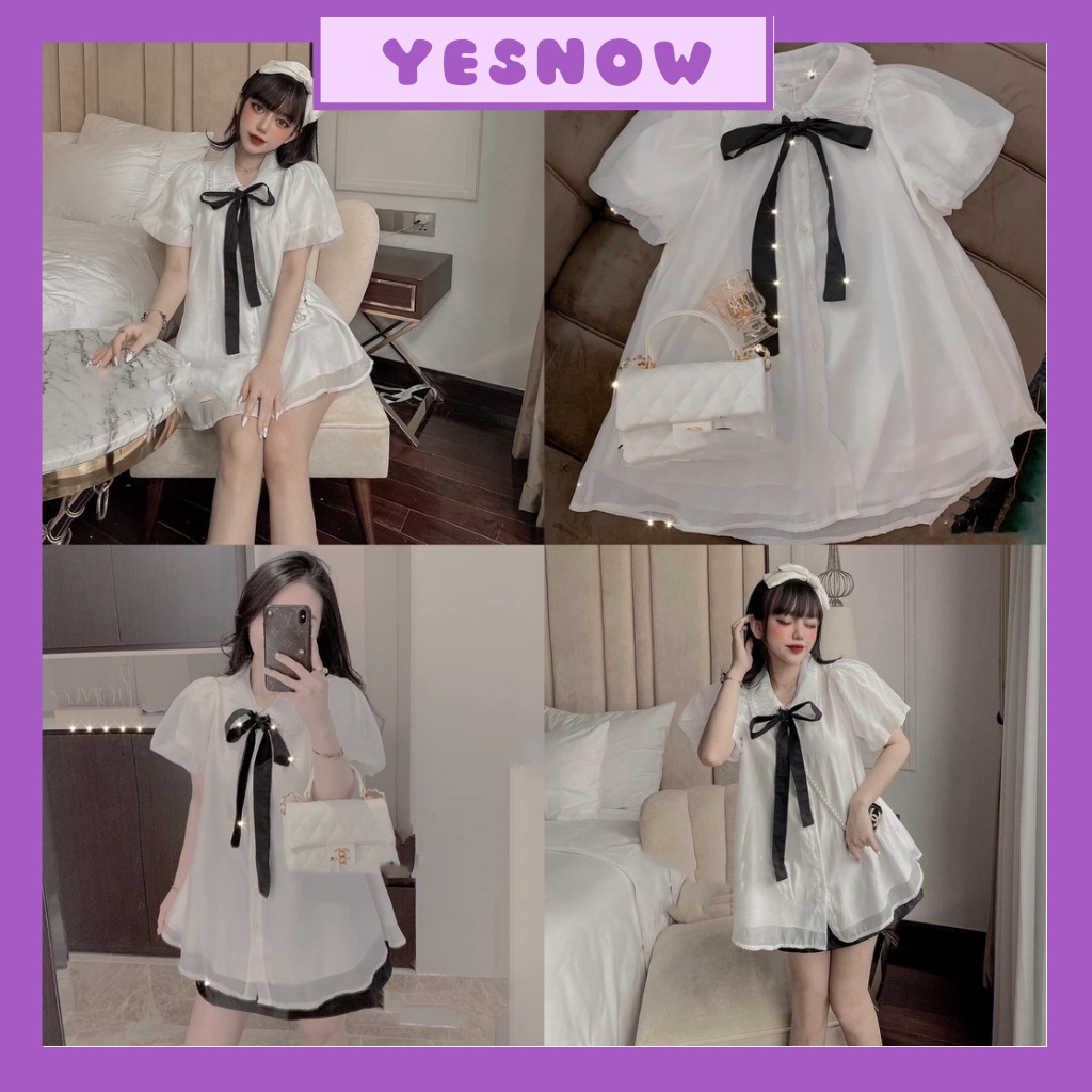 Áo babydoll voan cổ bèo viền ren voan thắt nơ đen giấu quần tay bồng dáng xòe