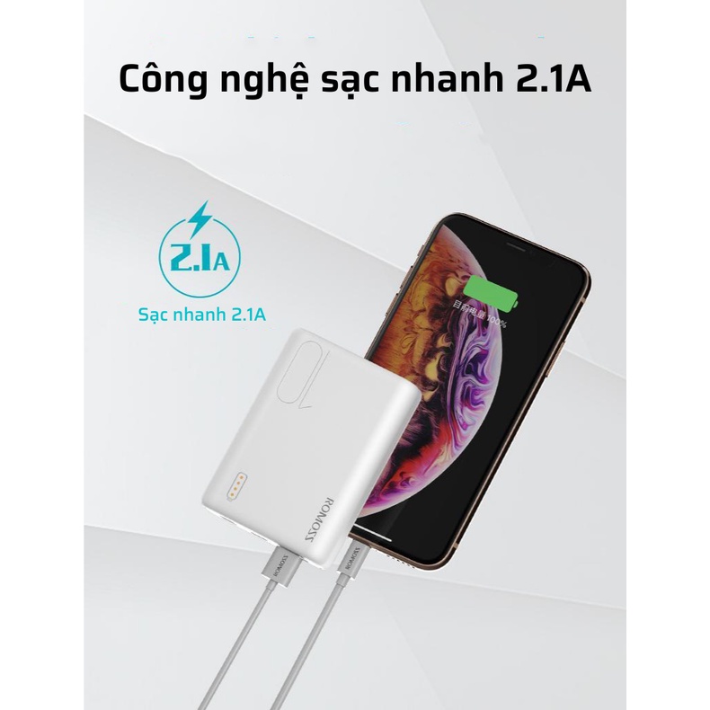 Pin dự phòng 10000mAh, Sạc Romoss Simple10, 3 cổng Input, kích thước nhỏ gọn, tích hợp sạc nhanh, bảo hành 12 tháng