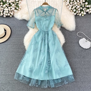 #1134 [Order] Đầm tay ngắn màu xanh nhạt đủ size có  2 lớp cổ sơ mi thanh lịch
