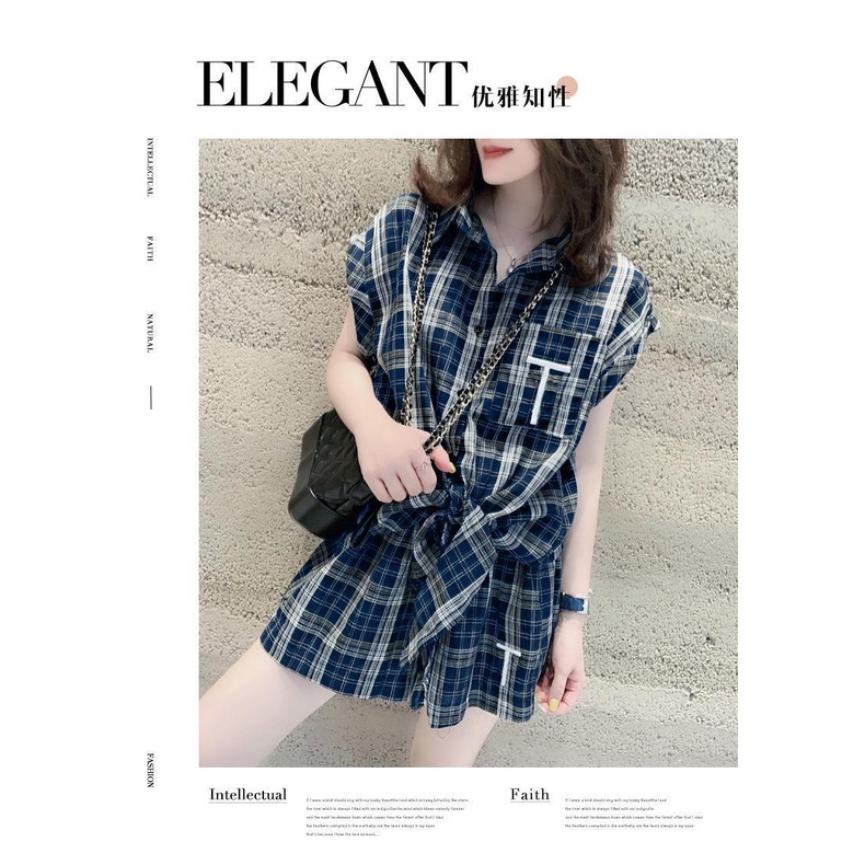 Set áo quần short sơ mi kẻ sọc caro trẻ trung thời trang mùa hè châu Âu cho nữ giới mũm mĩm