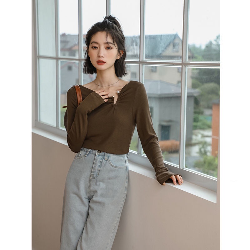 Áo thun nữ tay dài màu trơn thiết kế độc đáo