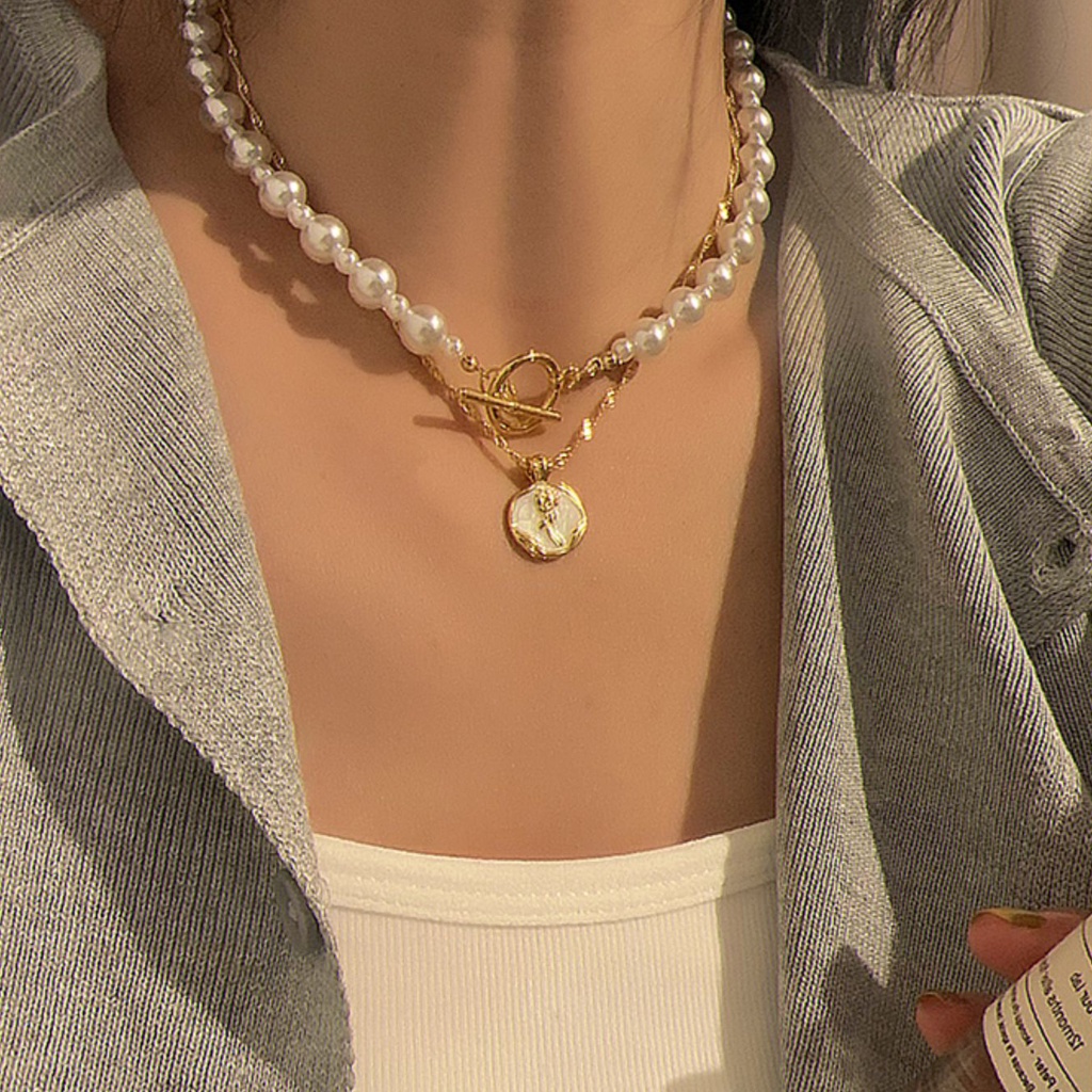 IF ME Vòng Cổ Choker Hai Lớp Mặt Hoa Đính Ngọc Trai Thanh Lịch Cho Nữ