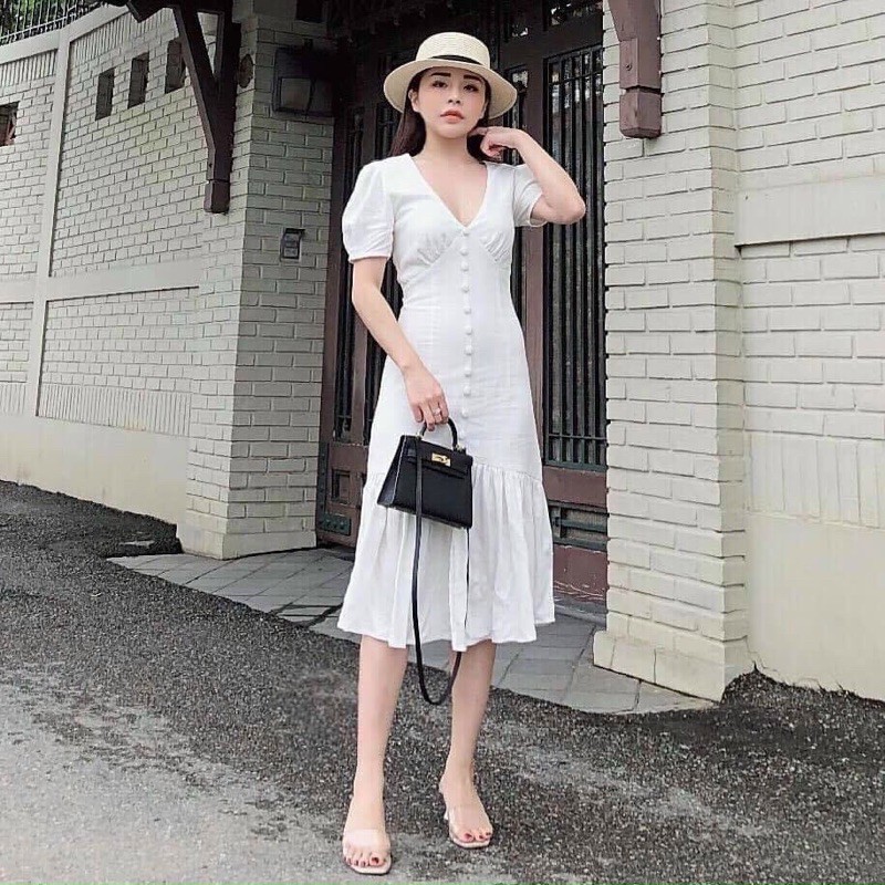 Đầm đuôi cá cổ V nút bọc ( kèm hình thật) | BigBuy360 - bigbuy360.vn