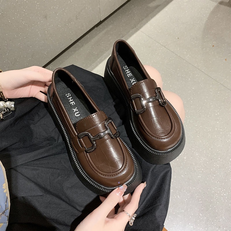 Giày Lười Da Mềm Phối Khóa Kim Loại Phong Cách Retro Anh Quốc Cho Nữ