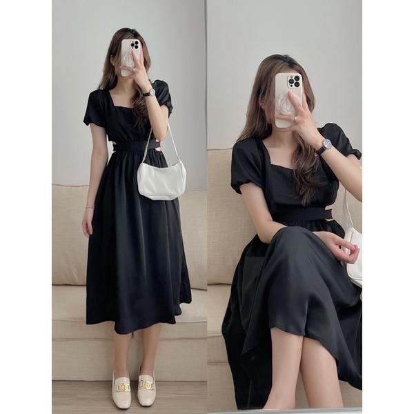 Đầm váy midi khoét eo cổ vuông tay bồng siêu xinh
