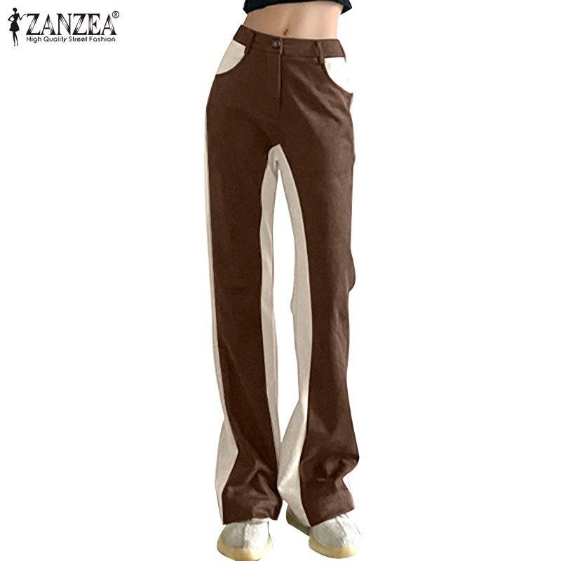 Quần dài ZANZEA vải lông cừu phối màu tương phản phong cách Hàn Quốc thời trang