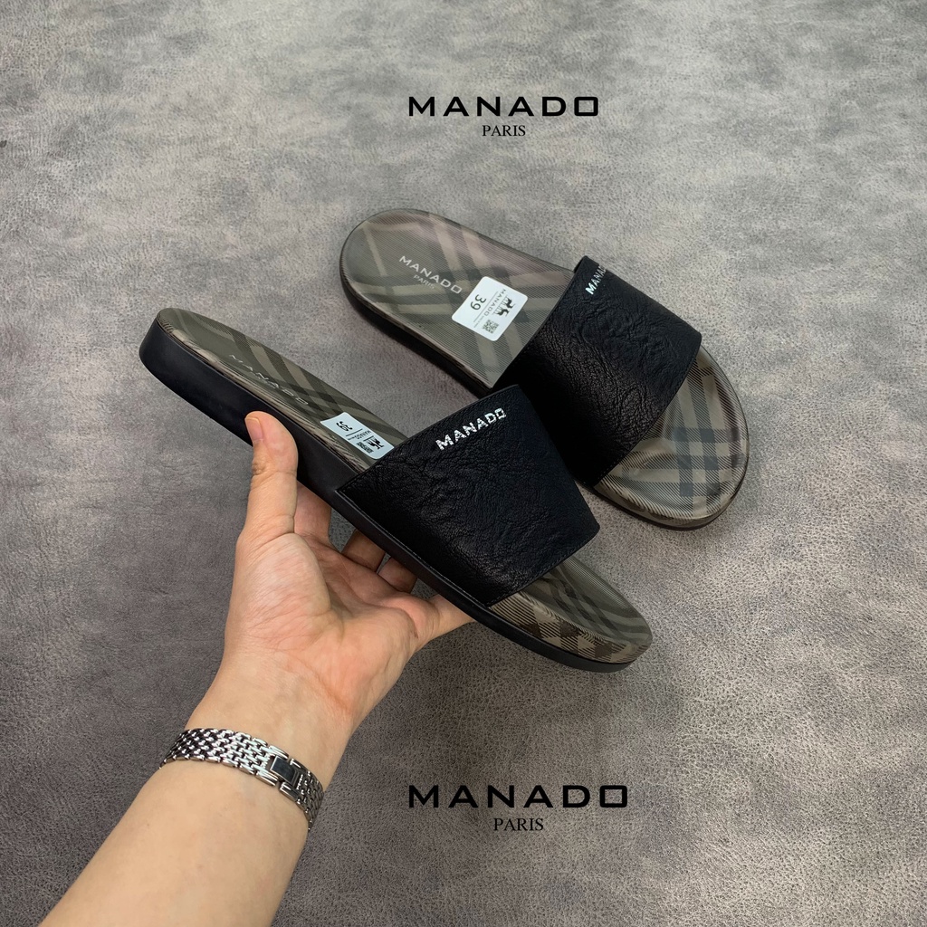Dép Da Quai Ngang Manado Cao Cấp - Da Cao Cấp Nhập Khẩu, Đế Cao Su Mềm - Mã MND06 Màu Đen