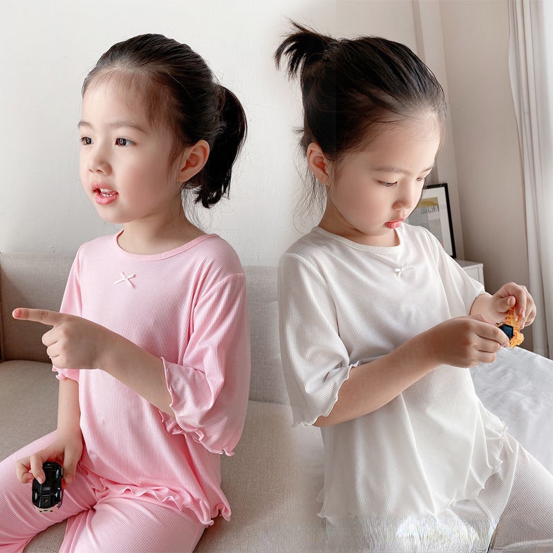 Bộ Đồ Ngủ Áo Tay Ngắn Phối Quần short Vải  Mỏng Màu Trơn Thời Trang Mùa Hè Dễ Thương Cho Bé Gái 0-7 Tuổi