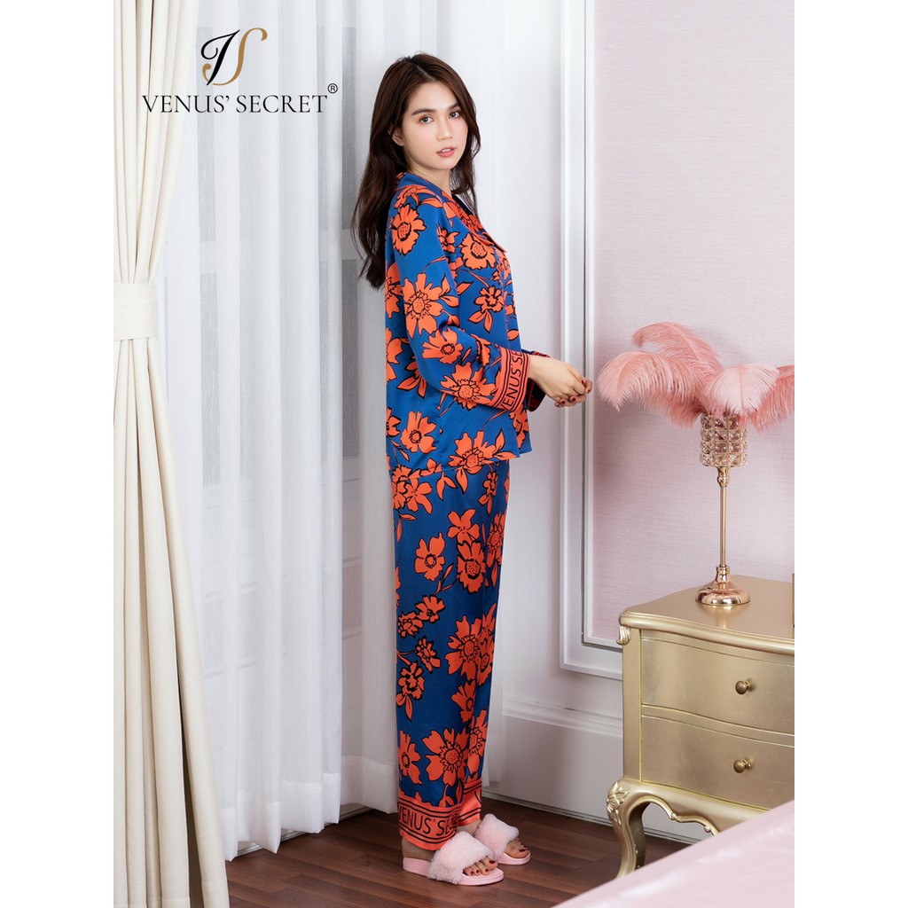 Bộ đồ ngủ Pijama - đồ ngủ lụa cao cấp họa tiết hoa cam thương hiệu VENUSSECRET