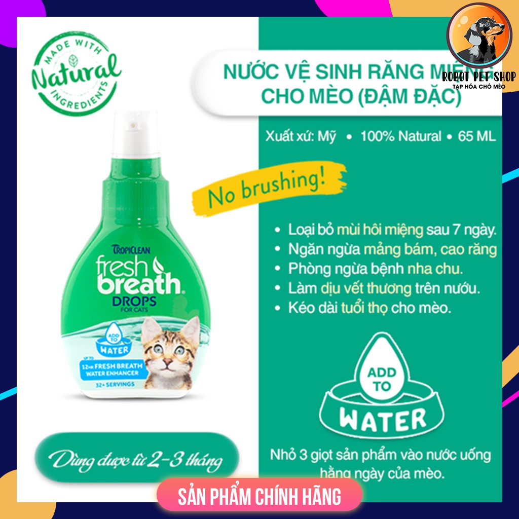 Nước vệ sinh răng miệng ngăn ngừa Mảng Bám, Mùi Hôi, Cao Răng Chó Mèo ( đậm đặc ) TROPICLEAN FRESH BREATH DROP