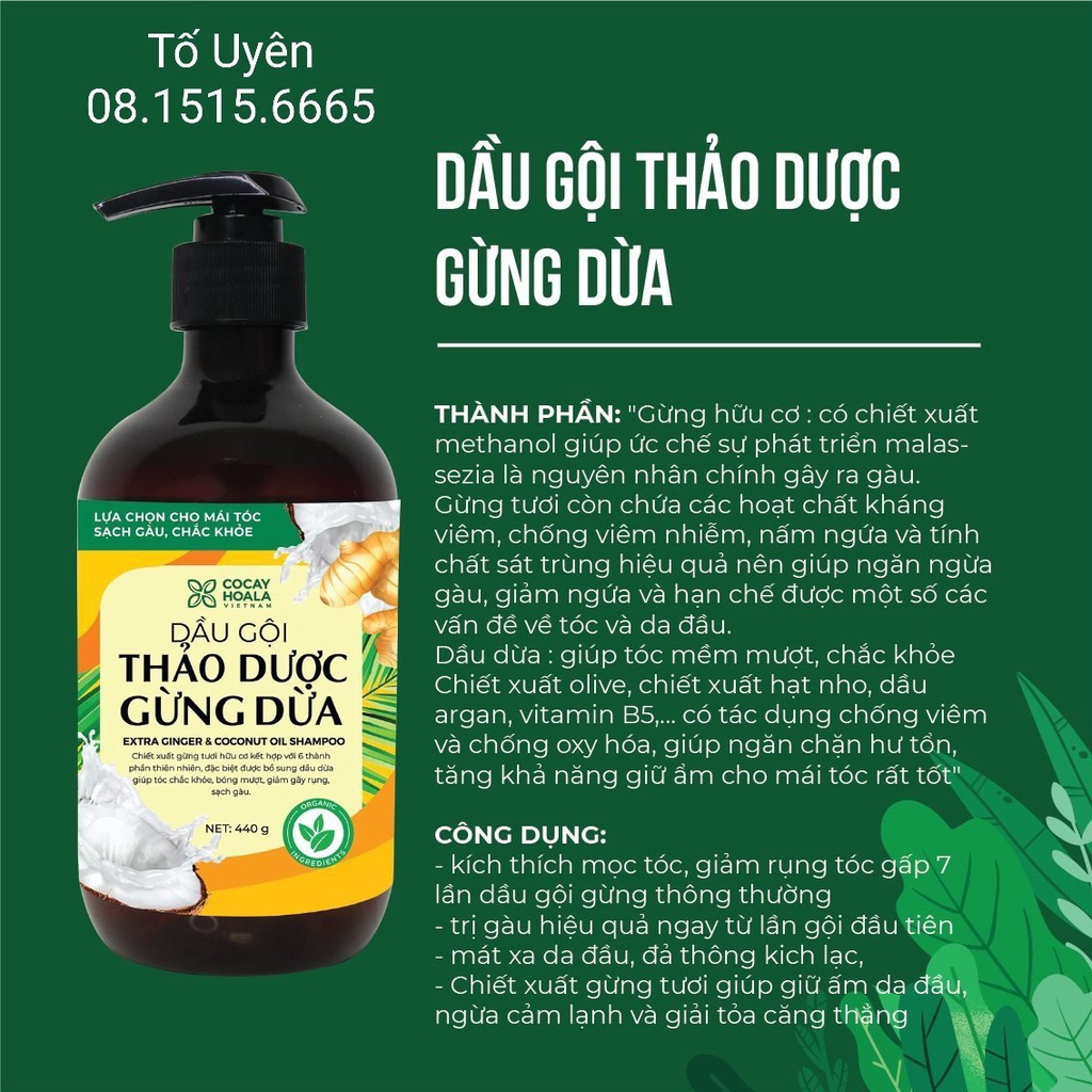 Cặp dầu gội xả hữu cơ gừng dừa cao cấp cỏ cây hoa lá dung tích 440g/ chai