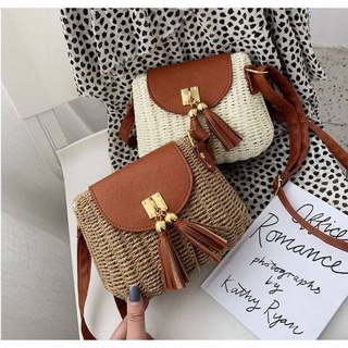 Túi cói hộp Vintage đáy bầu - nắp da tua rua - phong cách Hàn quốc