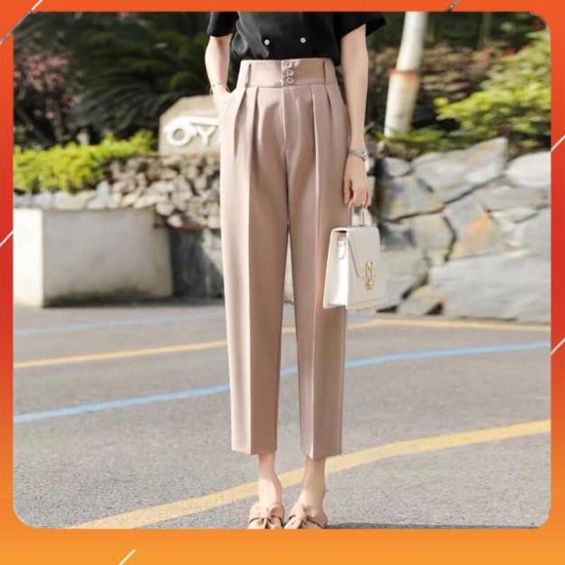 Quần Baggy cạp cao nữ phối 3 cúc bản to cực tôn dáng - chất tuyết mưa màu đen - kem mặc đi làm công sở học đều đẹp | BigBuy360 - bigbuy360.vn