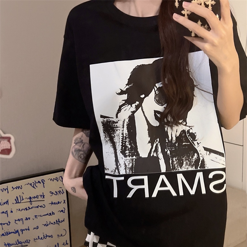 Áo thun SUXI dáng rộng cổ tròn tay ngắn in họa tiết đơn giản thời trang mùa hè cho nữ