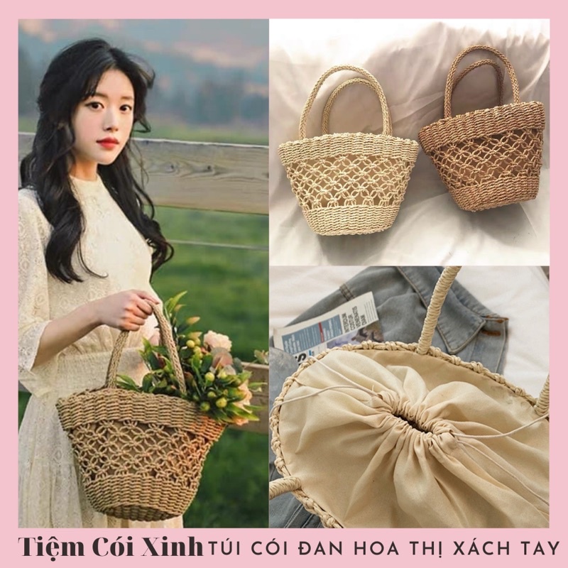 Túi Xách Cói Nữ Vintage Đan Hoạ Tiết Hoa Mai Có Lót Vải Tặng Kèm Nơ Ren Xinh Xắn