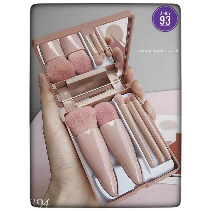 Hộp 5 Cây Cọ Trang Điểm Cao Cấp Kèm Gương Màu Hồng