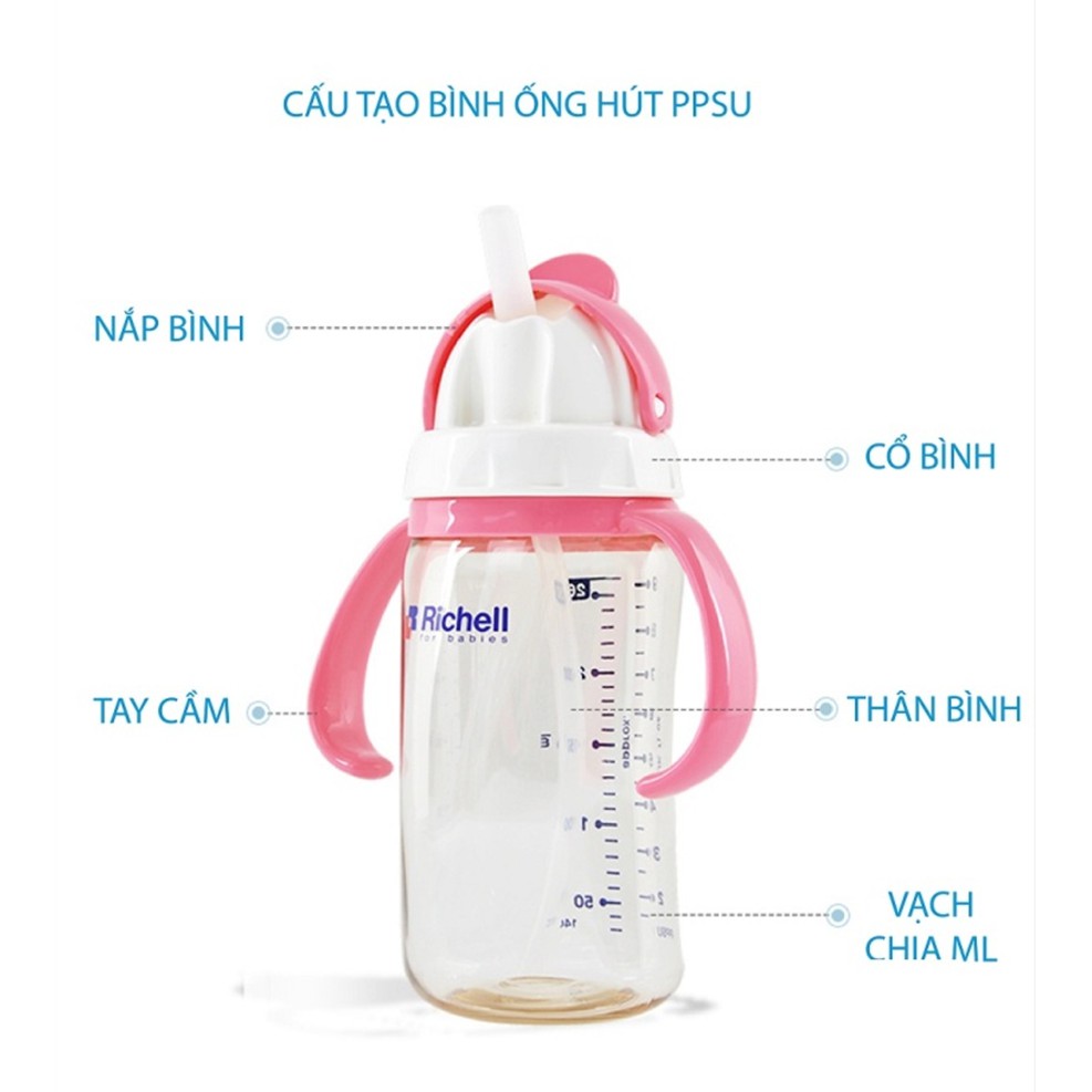 Bình ống hút PPSU Richell 320ml trắng