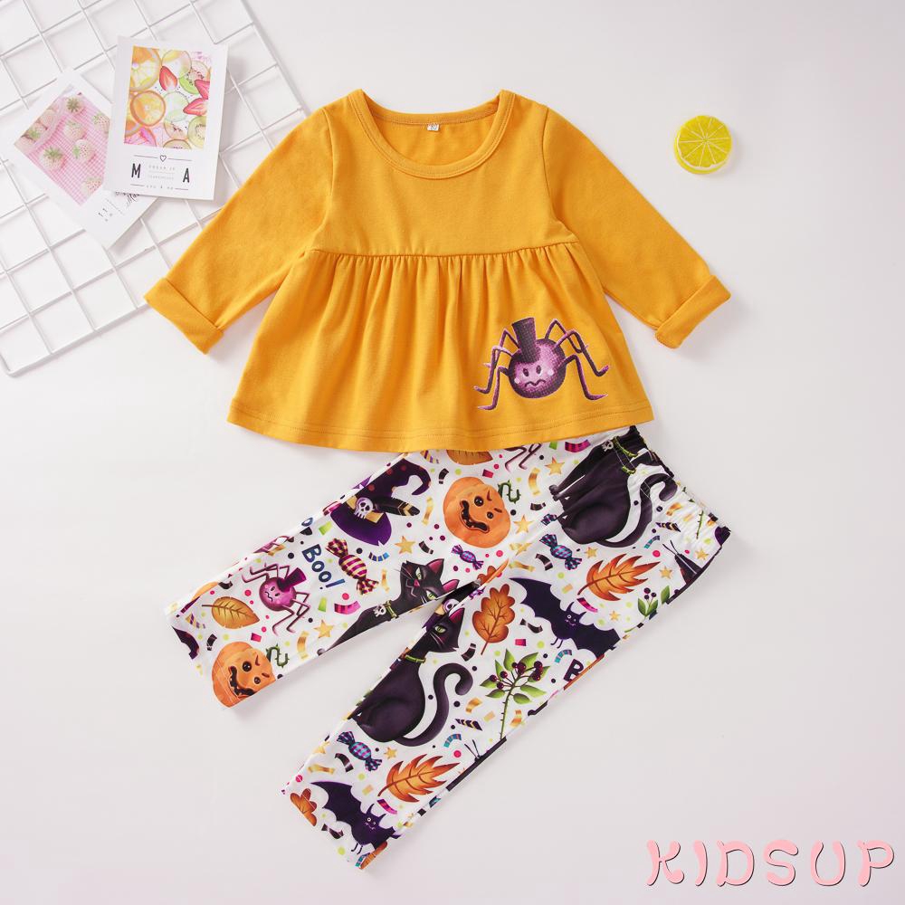 Set Áo Thun + Quần Dài Hoạ Tiết Bí Ngô Halloween Cho Bé Gái