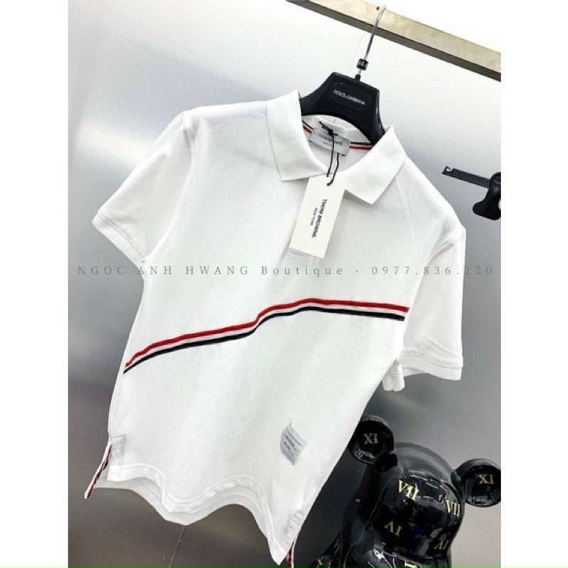 Áo polo cộc tay màu trắng sọc ngang,áo đôi nam nữ cổ bẻ basic