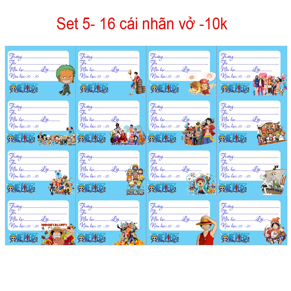 Nhãn-Vở-anime-hoạt-hình -One piece(1 set 16 nhãn vở -giá 10k)