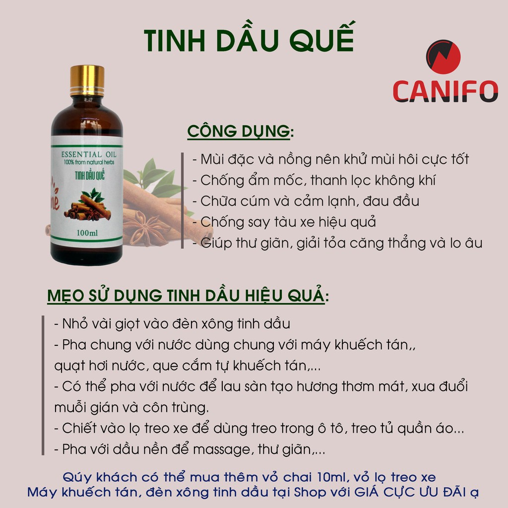 [100ML] Tinh Dầu Thiên Nhiên CANIFO - Hàng Chính Hãng, Sả chanh, Hoa hồng, Quế, Hoa Nhài, Cafe, Xả chanh, Bạc hà, Bưởi