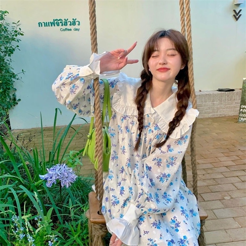 Đầm dài tay cổ búp bê thiết kế mới thời trang mùa thu theo phong cách hàn quốc