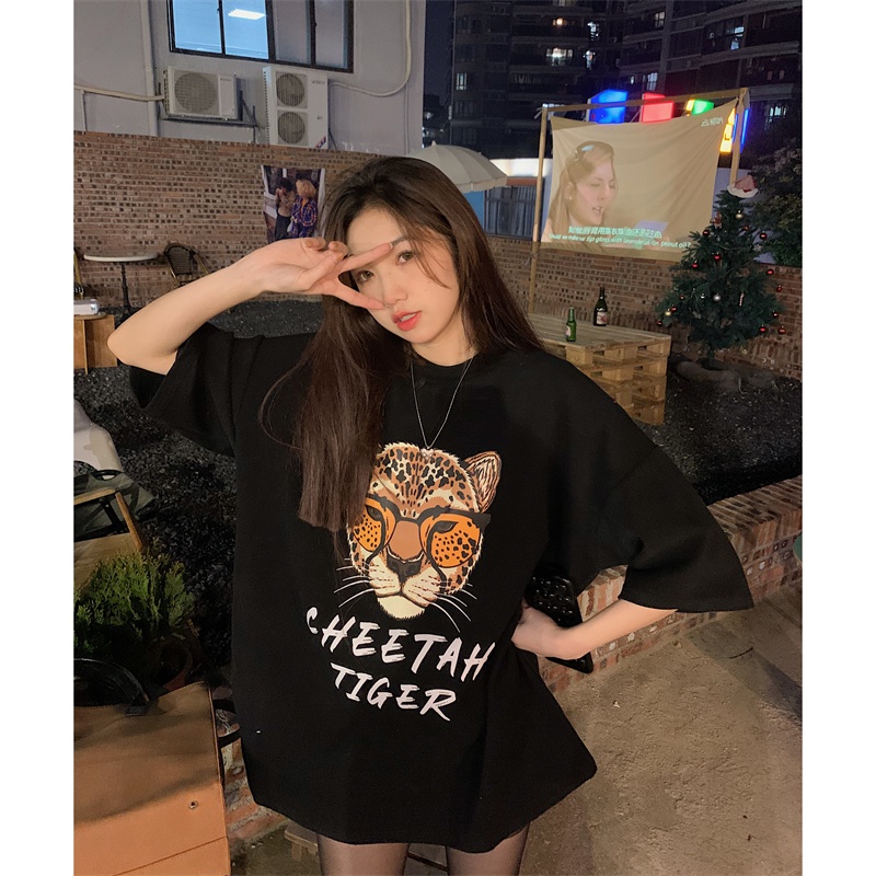 Áo Thun Tay Ngắn Dáng Rộng In Hoạt Hình Đầu Hổ Dễ Thương Cho Nữ