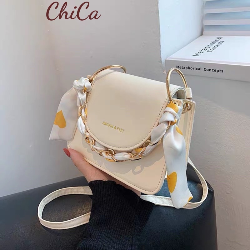 Túi Đeo Chéo Phối Dây Xích Nơ Da PU Phong Cách Vintage
