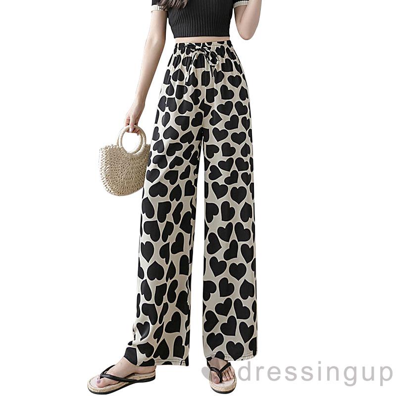 Quần dài lưng cao ống rộng in họa tiết trái tim thời trang cho nữ