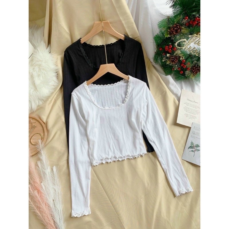 Áo thun gân len cổ V viền bèo tiểu thư NY alohashop91