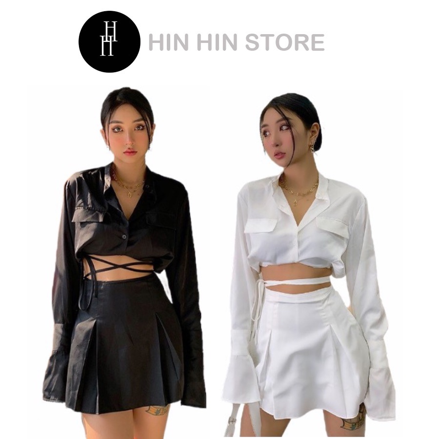 Set chân váy cột dây &amp; áo sơ mi croptop tay dài HS128 Hỉn Hỉn Store