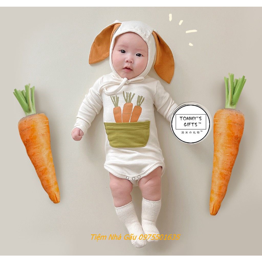 Body Carot Dễ Thương Ngắn Tay Liền Mũ Chụp Ảnh Đầy Tháng Thôi nôi Cho Bé Trai/Bé Gái 4-14kg