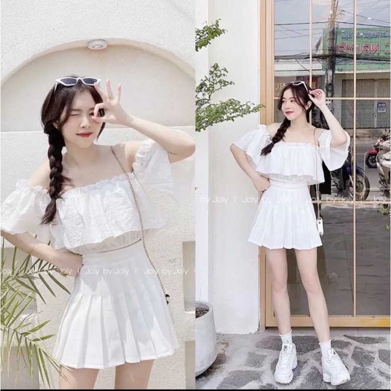 Sét xinh hai món áo bẹt vai chân váy tennis s10