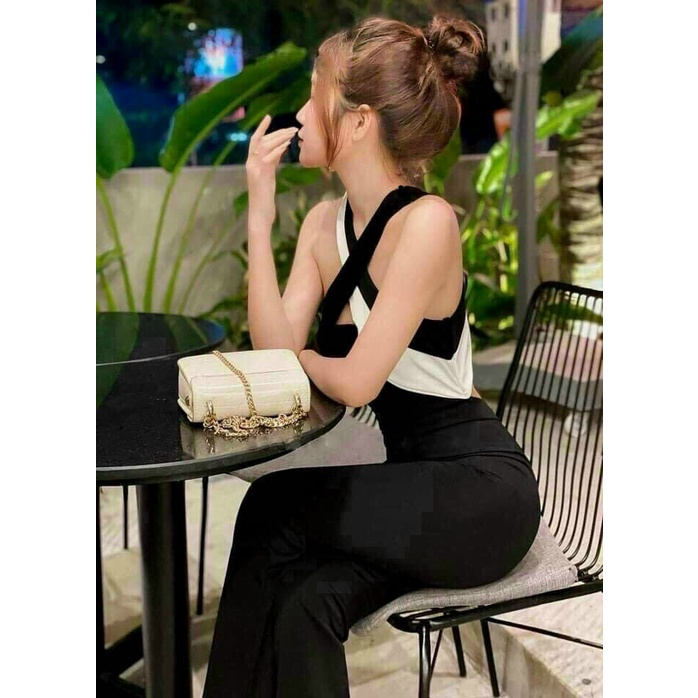 Jumpsuit dài cổ yếm dây chéo phối màu ( kèm mút ) sang chảnh