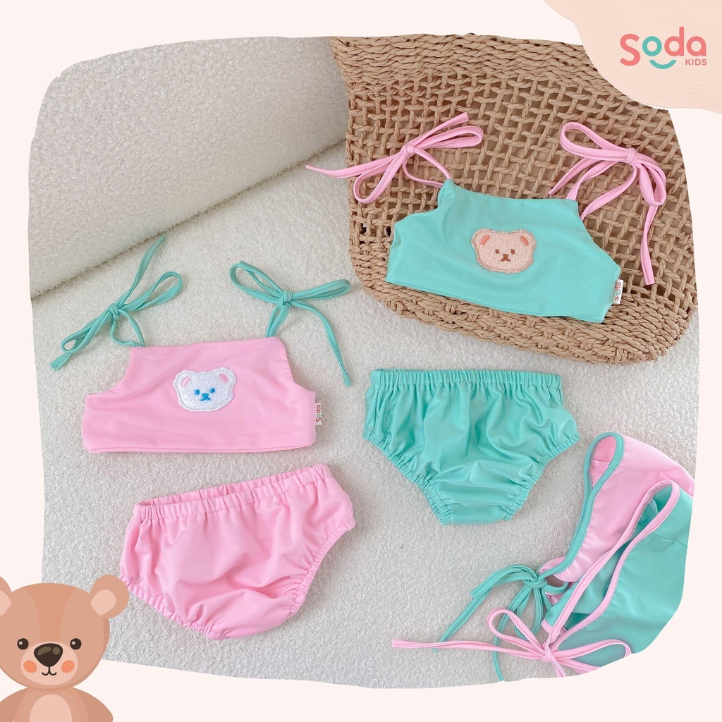 Đồ bơi bé gái 2 mảnh Little Bear SODA KIDS thêu gấu tặng kèm mũ bơi phong cách Hàn Quốc mềm nhẹ co dãn 4 chiều thoải mái