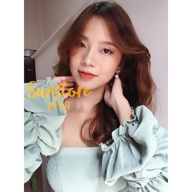 Áo croptop tay dài rớt vai nhún chun tay bo phồng độc đáo nữ tính cực kì