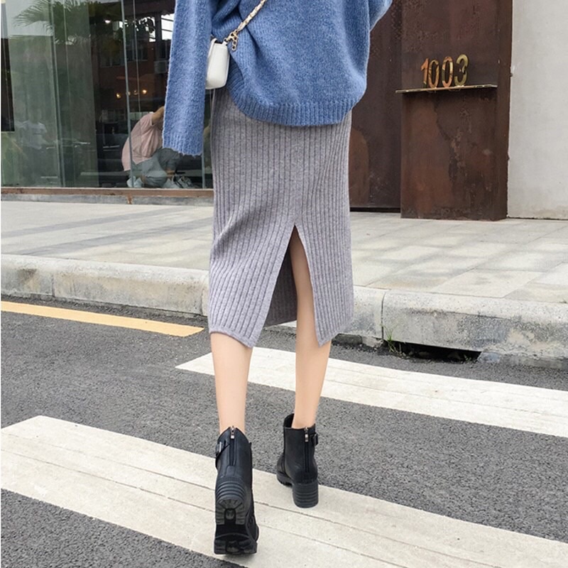 Chân váy nữ len body xẻ màu ghi